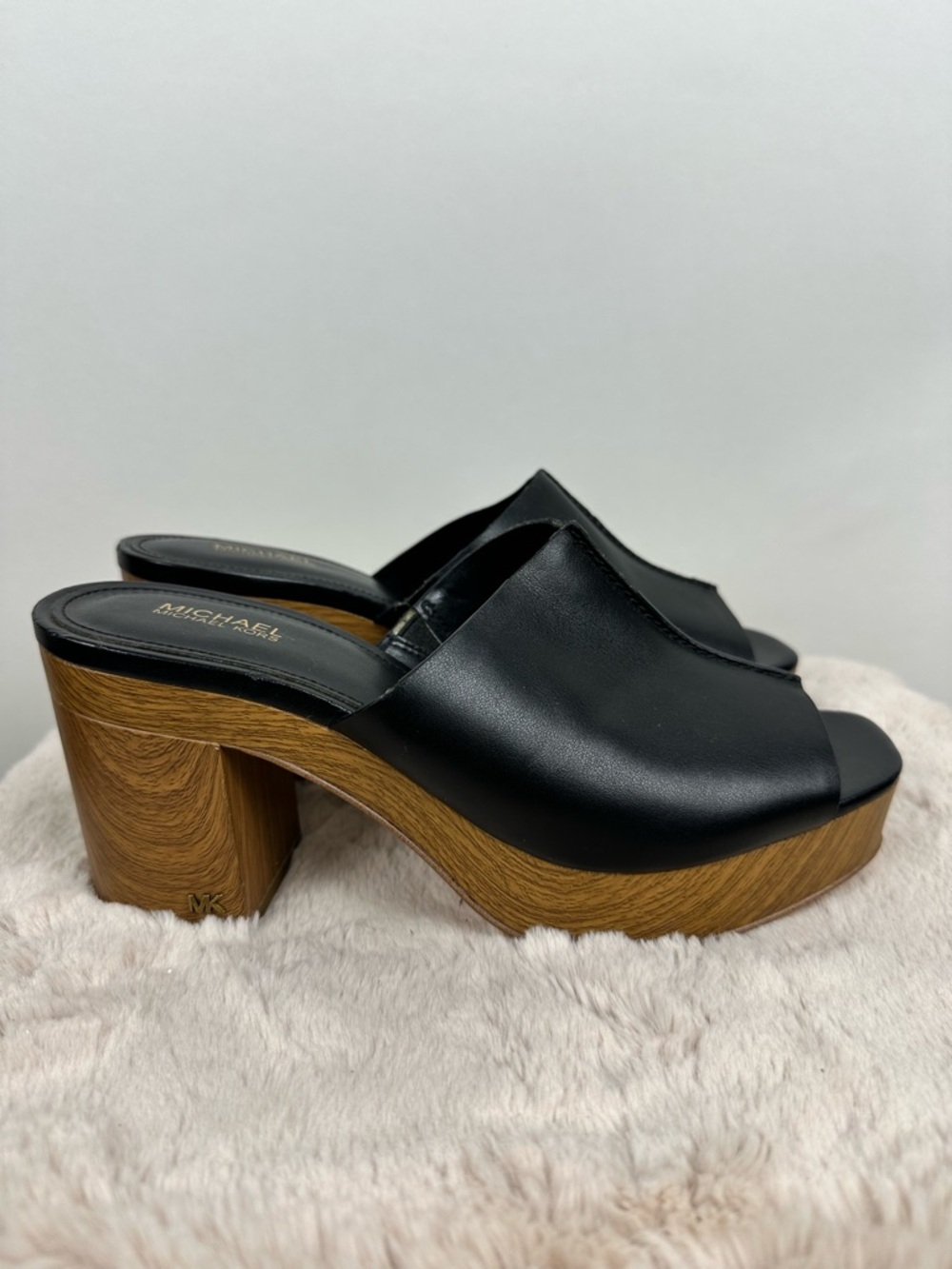 MICHAEL Michael Kors Black Leather Platform Mules with Wood-Tone Heel